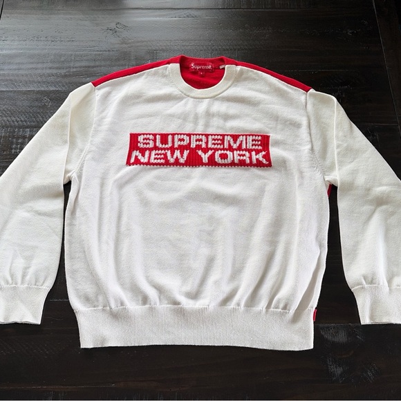 Supreme White Crewneck Sweater with Red Logo and Shoulder Stripes